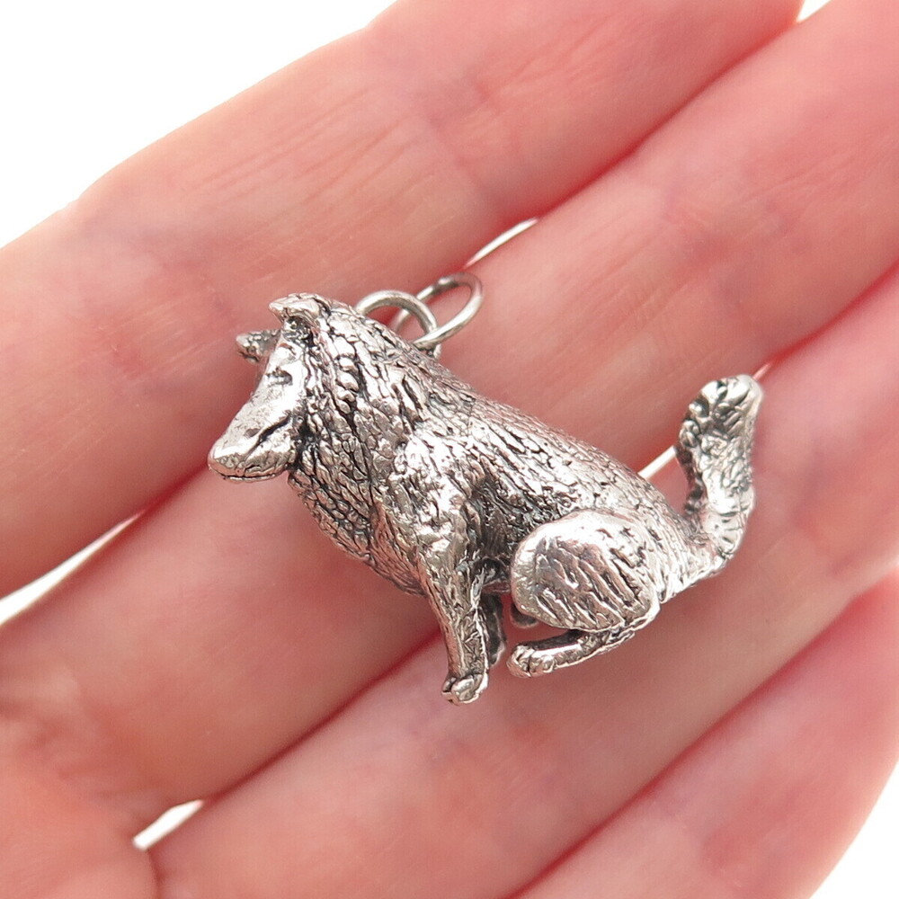 925 Sterling Silver Vintage Collie Dog Hollow Oxidized 3D Charm Pendant